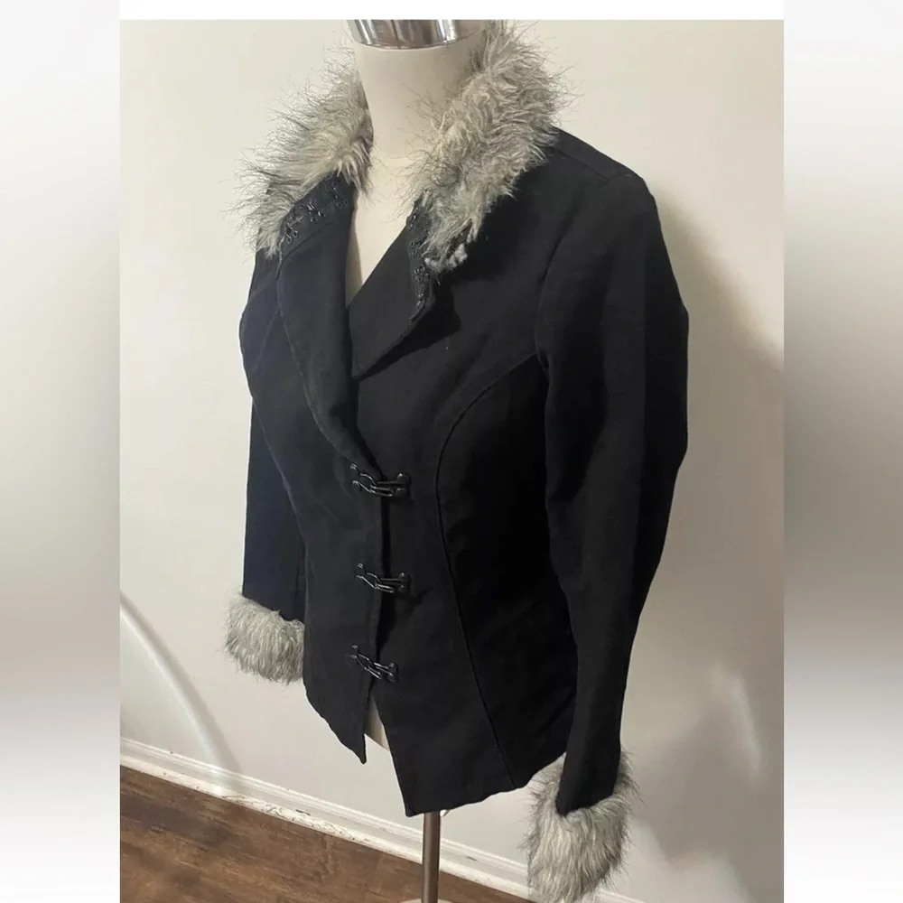 Tripp NYC Y2k Goth Jacket black Denim Faux Fur Collar Cuffs AS NEW - Picture 7 of 8
